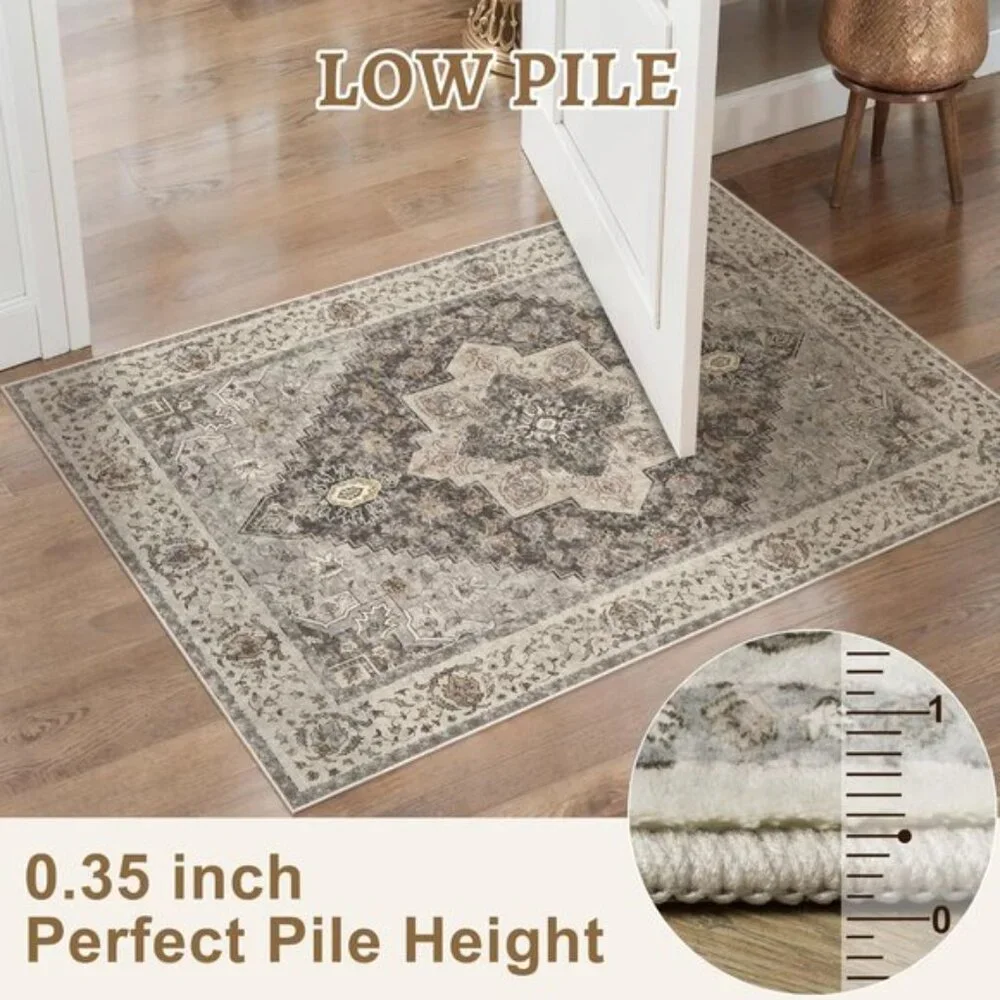 2x3 Vintage Washable Rug, Non-Slip Entryway Door Mat, Grey/Brown, Soft Low Pile